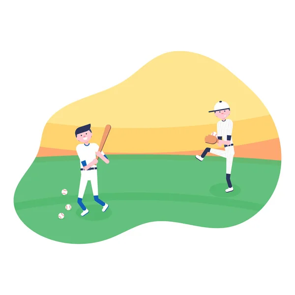 Illustration vectorielle. Ensemble de joueurs de dessin animé de baseball : receveur, lanceur dans le style plat moderne. Icône équipement de baseball. Équipe de personnages de baseball. Moments de jeu — Image vectorielle