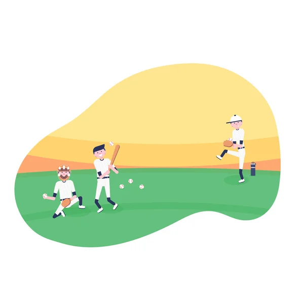 Vector illustratie. Set van honkbal cartoon spelers: catcher, werper in moderne platte stijl. Honkbal uitrusting icoon. Honkbal personages team. Game momenten — Stockvector