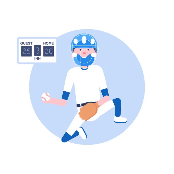 Vektorillustration. Baseball-Cartoon-Figur im flachen Stil. Baseballspieler mit Handschuh und Ball im Helm. Mannschaftsspiel mit Strichliste. Spielersymbol — Stockvektor