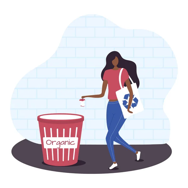 Young woman with ecology bag is separating garbage — Stock Vector