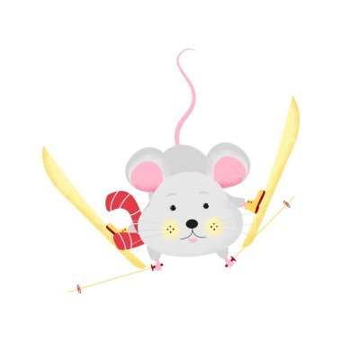 İzole sevimli karikatür Fare kayak yapıyor