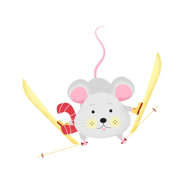 Изолированная милая мультяшная мышь, катающаяся на лыжах — стоковый вектор