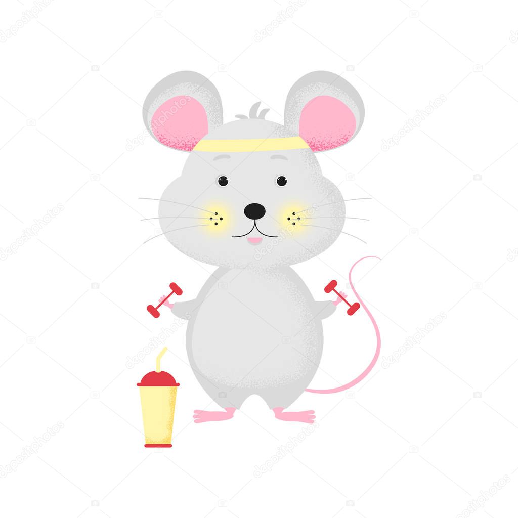 lated cute cartoon Mouse character with dummbbell 