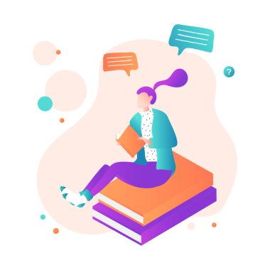 Dev kitap yığını üzerinde oturan kitap ile Kadın