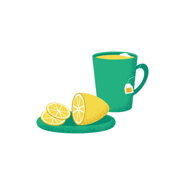 Taza de té fresco con limón en el plato. Vector — Archivo Imágenes Vectoriales