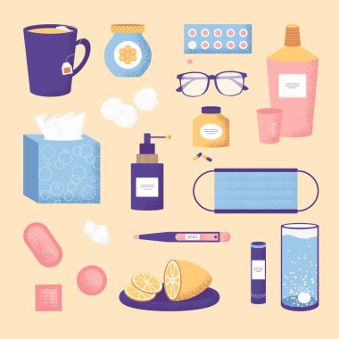 Soğuk algınlığı ve grip mevsimi öğeleri Lovely seti