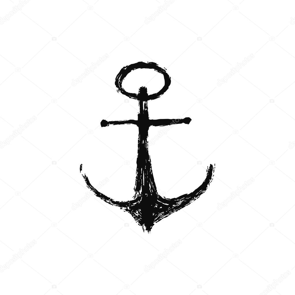 Isolated grunge drawing anchor icon. Sea boat vintage logo drawing manual brush ink. Background for printable products. Vector illustration