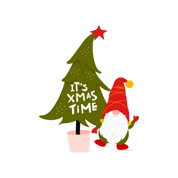 It is Xmas Time lettering with cute gnome — Stock Vector