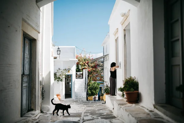 Scenic View Architecture Street Cat Woman Paros Aegean Sea Cyclades — Stock Photo, Image