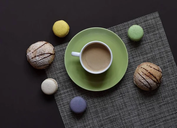 Hot Black Coffee Sweets Cookies Wooden Table — Stock Photo, Image