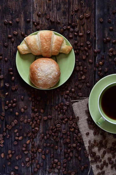 Coffee Mood Rustic Wooden Table Croissant Coffee — Stock Photo, Image