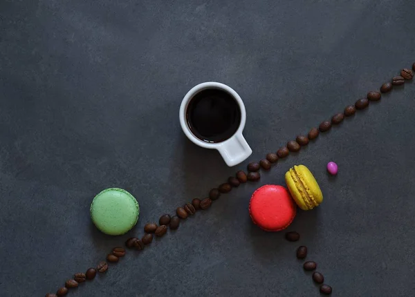 Cup Hot Coffee Colored Cookies Coffee Beans — Stock Photo, Image