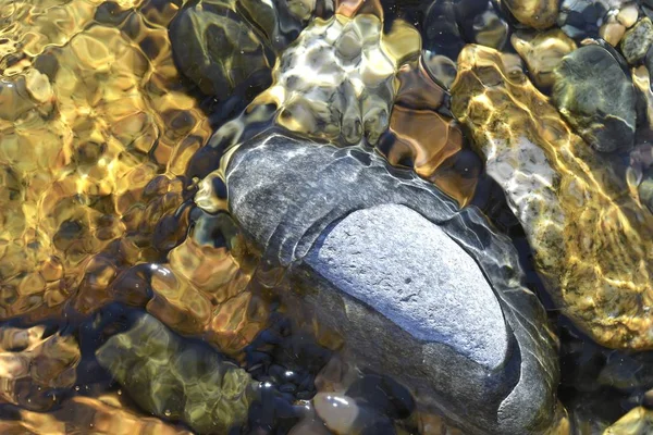 Stones under water. Gold water. Background of river stones in the mountains Tian Shan