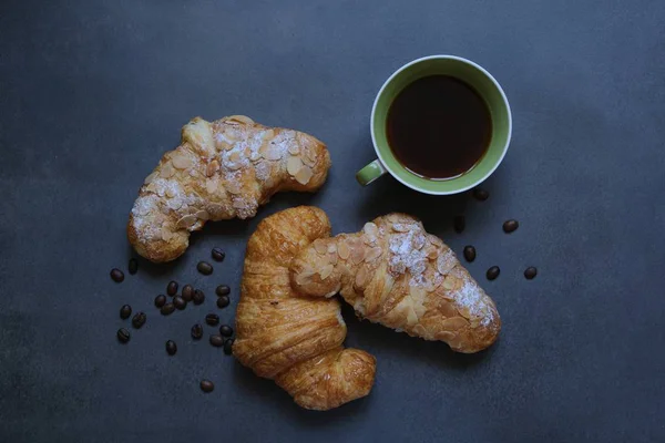 Beautiful Coffee Composition Cup Coffee Croissants Blue Background — Stock Photo, Image