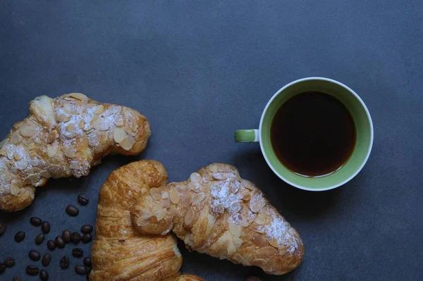 Beautiful Coffee Composition Cup Coffee Croissants Blue Background — Stock Photo, Image