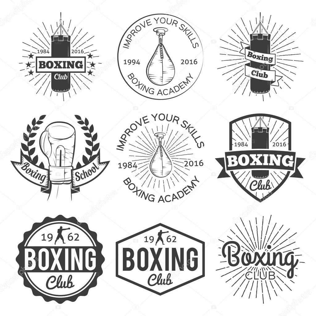Boxing club and martial arts logo badge sport label set 