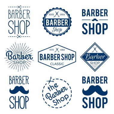 Berber dükkanı Etiket Rozeti bıyık, makas, aydınlatma ışınları ile ayarlayın