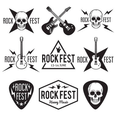 Rock fest müzik rozeti Etiket vektör seti. Gitar, kafatası ve el ile Siyah festival hipster logosu