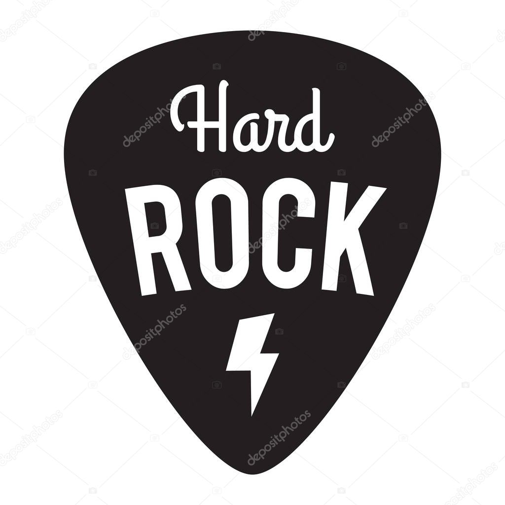 Hard Rock Music Badge Label. For signage, prints and stamps. Guitar pick/mediator with lightning bolt. Hard rock festival