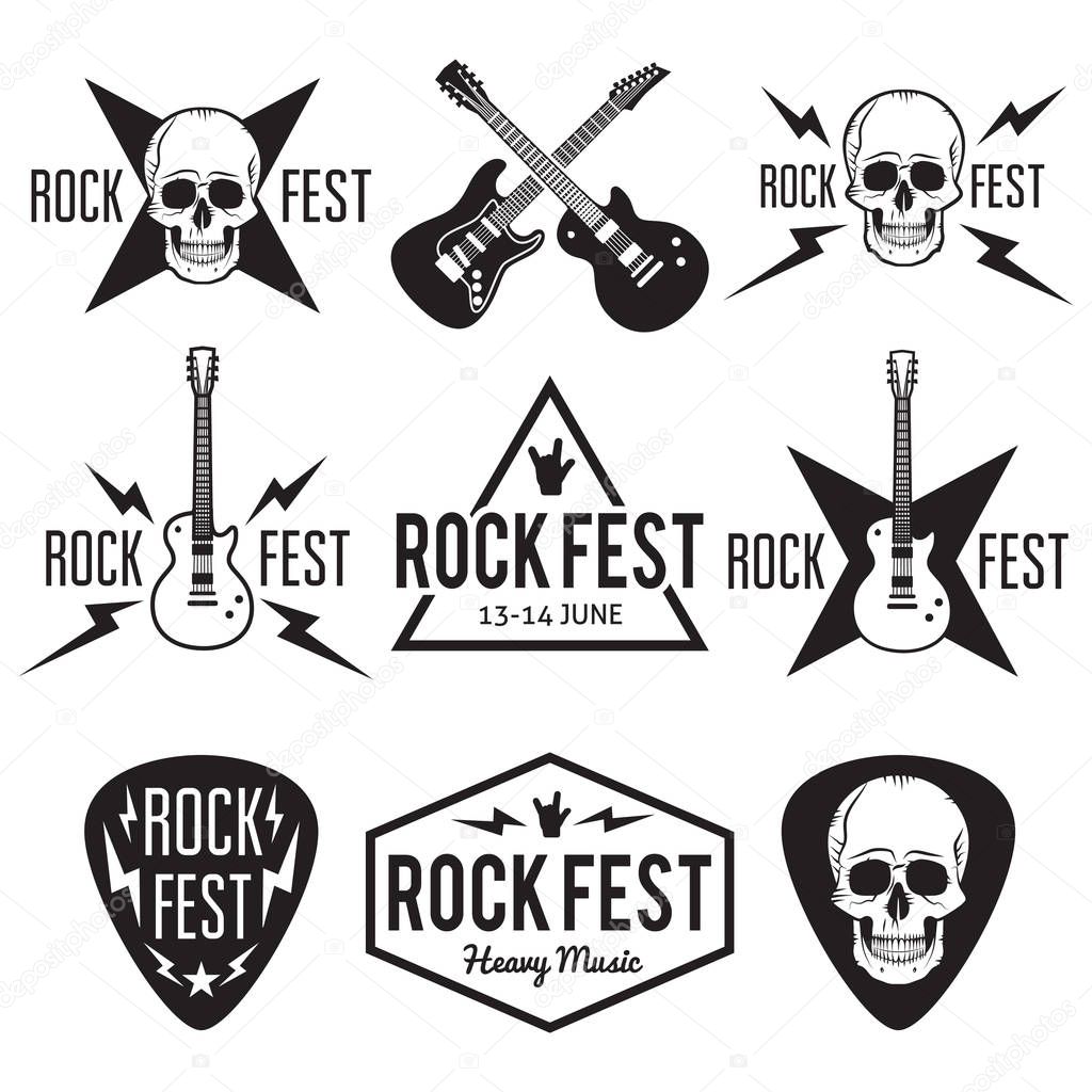 Rock fest music badge Label vector set. For band signage, prints and stamps. Black festival hipster logo with guitars, skull and hand