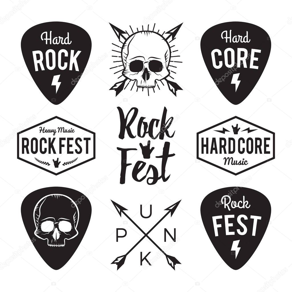Rock fest badge/Label grunge vector set. For band signage, prints and stamps. Black festival hipster logo with guitars, skull and hand