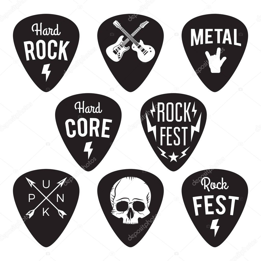 Rock fest badges/Labels set. Hardcore, metal, guitars, punk, skull and hard rock. Guitar picks/mediators. For signage, prints and stamps.