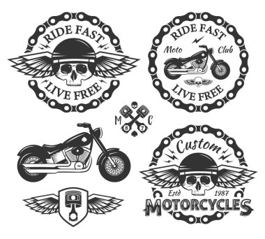 Kafatası özel motosikletler mağaza rozetleri veya Etiketler kanat, zincir, piston, kalkan ve bisiklet Ile ayarlanmış.