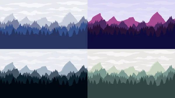 Paisajes con montañas, cielo y bosques — Vector de stock