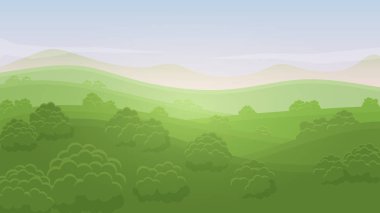 Yeşil manzara yaz kırsal vadi doğa afiş tepeler gökyüzü, dağlar, çalılar ve çayırlar ile şablon