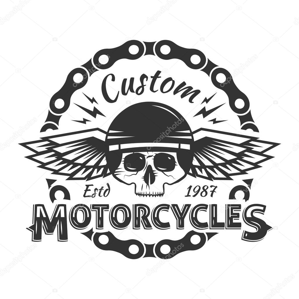 Skull custom motorcycles shop Badge or Label With wings, helmet and chain. Vintage Biker builds, repairs service design for signage, prints and emblems