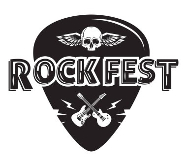 Rock fest rozeti / Etiket gitar, kafatası ve kanatları ile. Heavy metal hipster logosu gitar almak arabulucu
