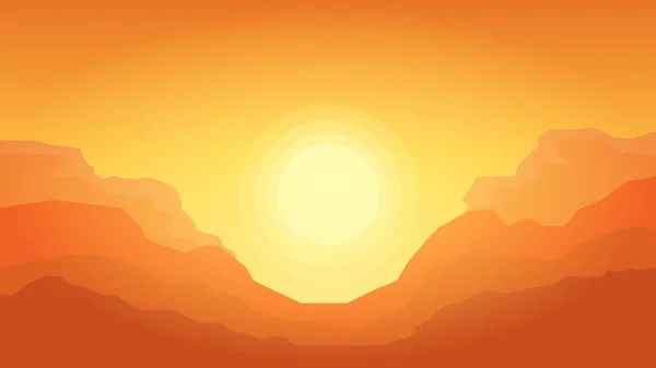 Paisaje del desierto con montañas y sol. Cañón colinas silueta plantilla con sol — Vector de stock