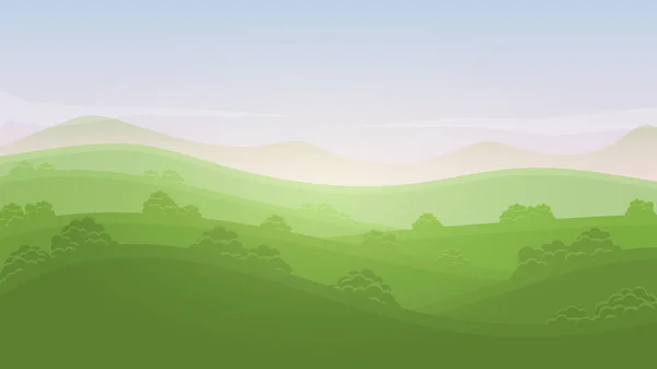 Paesaggio verde estate valle rurale natura banner colline modello con cielo, montagne, cespugli e prati — Vettoriale Stock