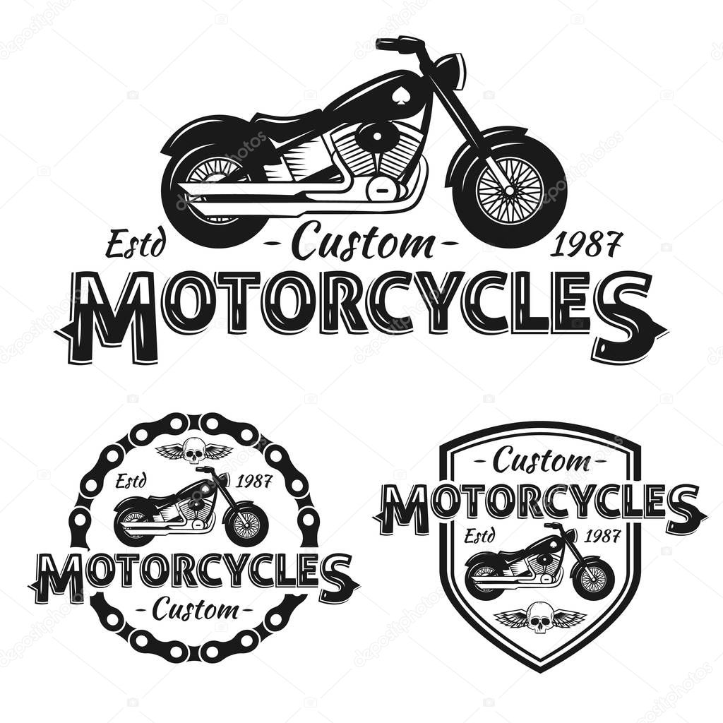 Custom motorcycles shop Badges or Labels set With skull, wings and chain. Vintage Biker builds, repairs service design for signage, prints and emblems. Ride fast Live free.