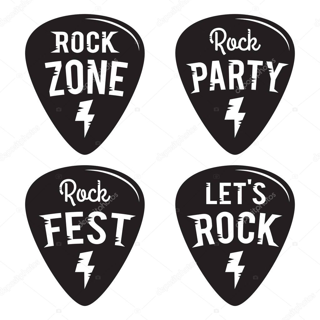 Rock fest badge/Label vector set. Heavy metal hipster logo guitar pick mediators