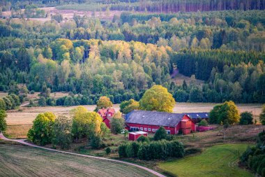 Kırmızı ev ve ahır ormana ve küçük bir toprak yol