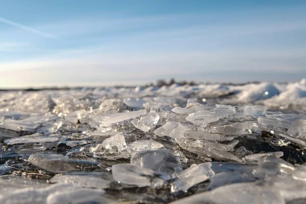 ice shards that has floated ashore with blue and white sky in the background