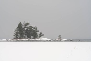 Buz üzerinde kar ve küçük bir ada ile kış manzara