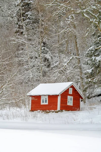 Una pequeña cabaña roja en un bosque de invierno — Foto de Stock