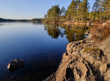 ön planda orman ve kayalıklarla çevrili bir göl üzerinde yaz resmi