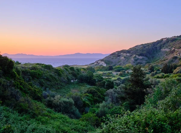 Vale Verde Primeiro Plano Com Mar Montanhas Fundo Pôr Sol — Fotografia de Stock