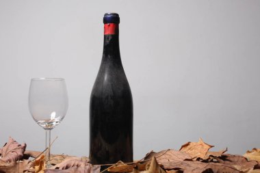 kırmızı terbiyeli şarap tozlu şişe, boş bir bardak ve ölüm metin için kopya alanı ile ahşap bir masa üzerinde dinlenme bırakır