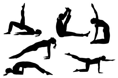 kırpma yolu ile beyaz arka plan üzerinde izole yoga kadın silhlouette koleksiyonu