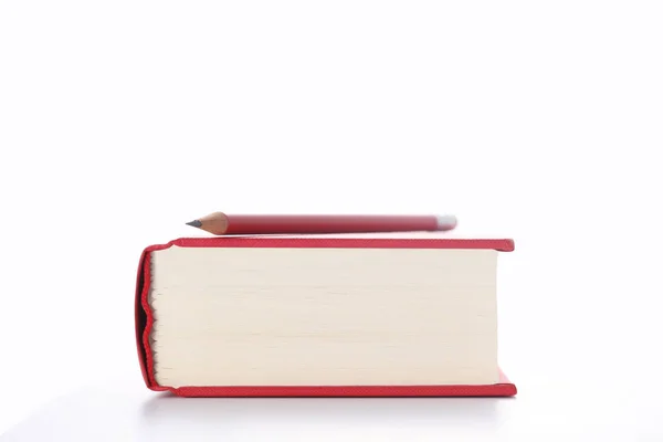 Червона Книга Червоний Олівець Ізольовані Білому Тлі Місцем Тексту — стокове фото