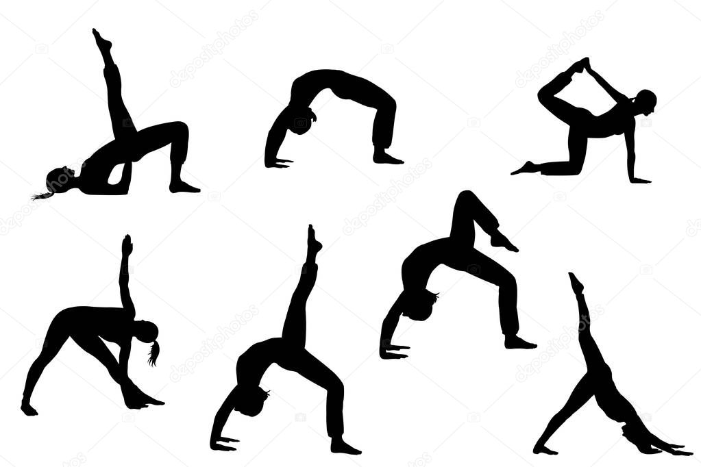 collection of yoga female  silhlouette isolated on white background with clipping path