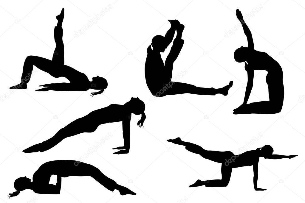 collection of yoga female  silhlouette isolated on white background with clipping path