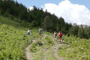 Val d'Aosta, İtalya, 5 Temmuz 2018: bir grup yürüyüşçü dağda yargılanıyor