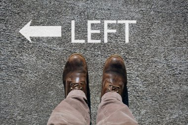 yukarıdan adamın ayakkabı görünümü, sol kelime ve yönlerini gösteren bir ok