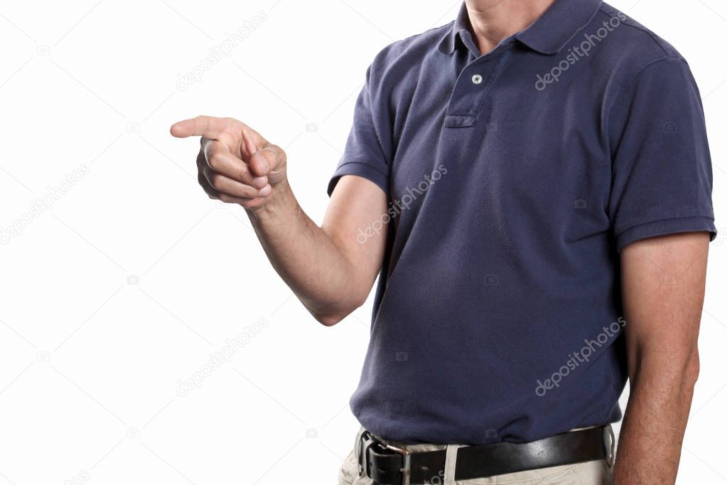 pointing index finger concept: man pointing his index finger isolated on white background with copy space and clipping path included