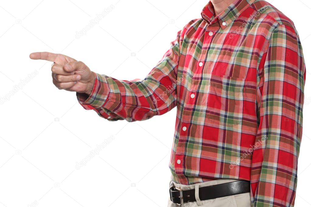 pointing index finger concept: man pointing his index finger isolated on white background with copy space and clipping path included